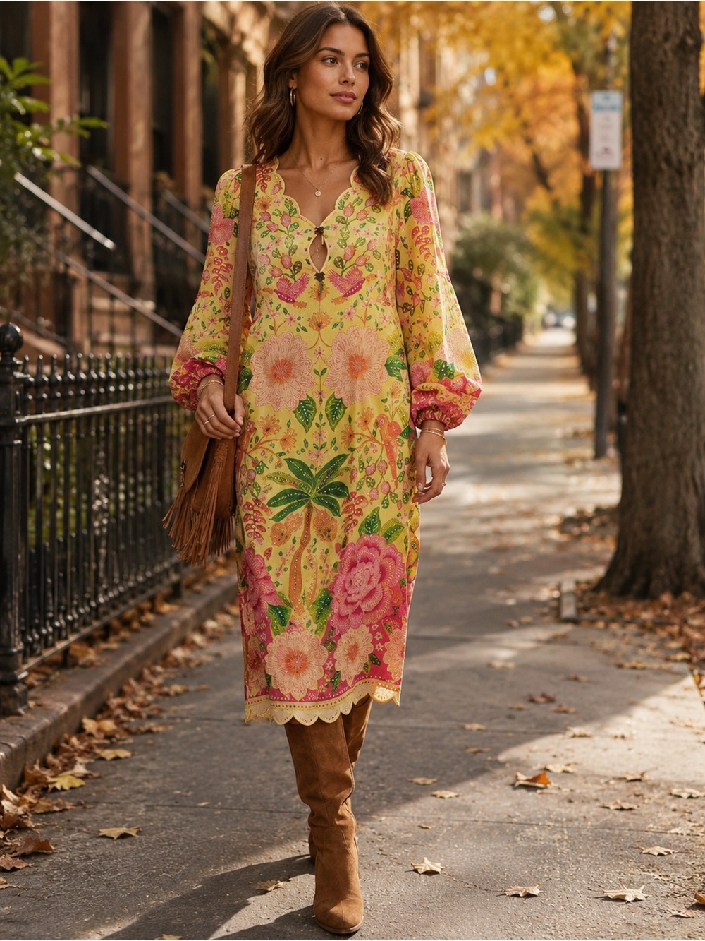 NWT Farm Rio x Anthropologie Tropical Print Long Sleeve Midi Dress